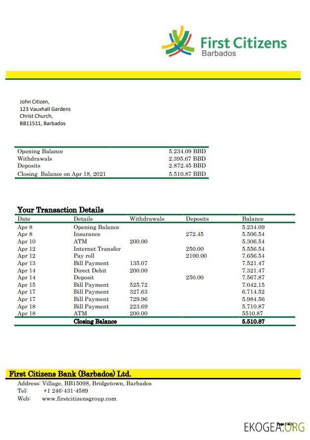 Premier relevé bancaire des citoyens de la Barbade